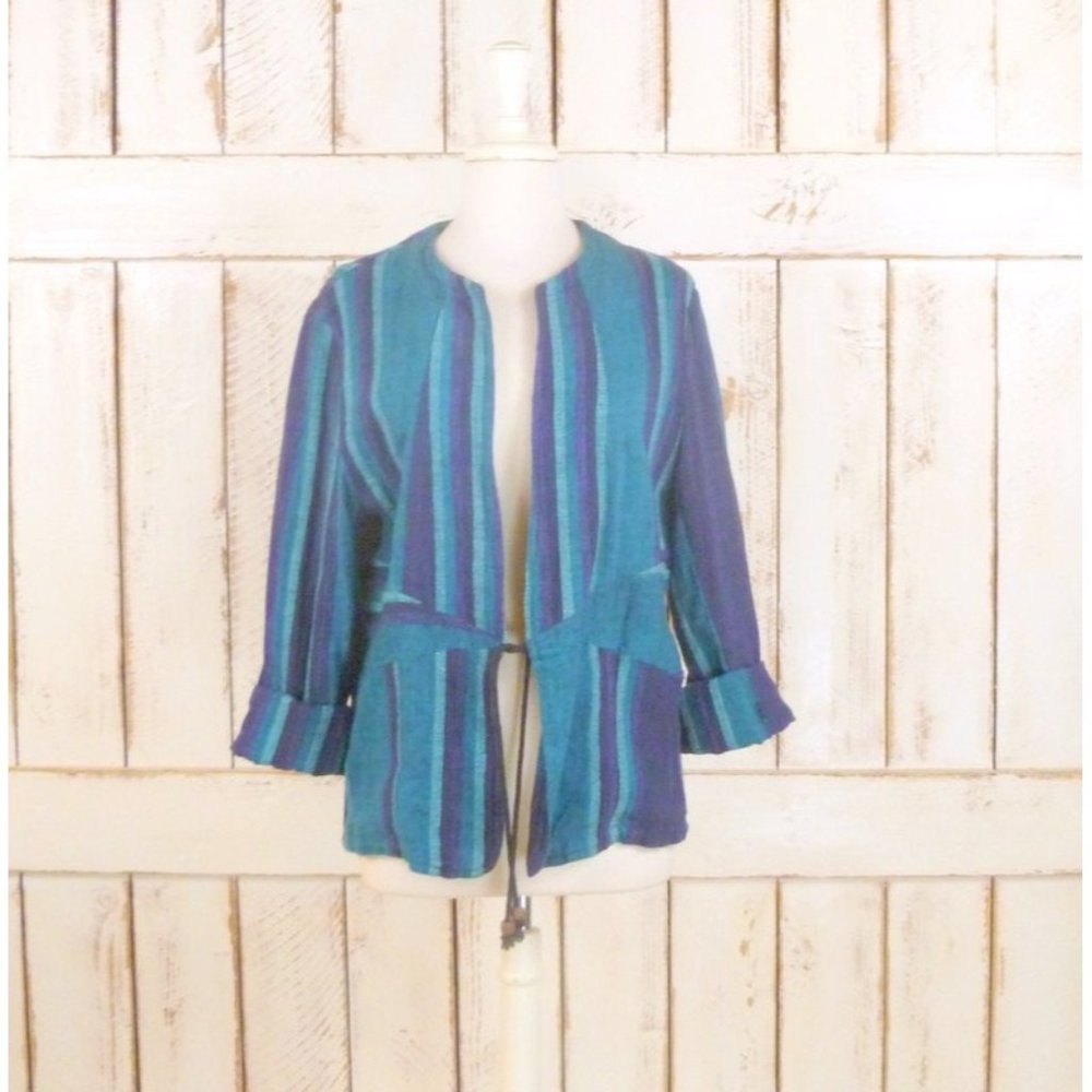 Blue striped woven cotton vintage boho blazer jacket/Cheppu Nepal cover up